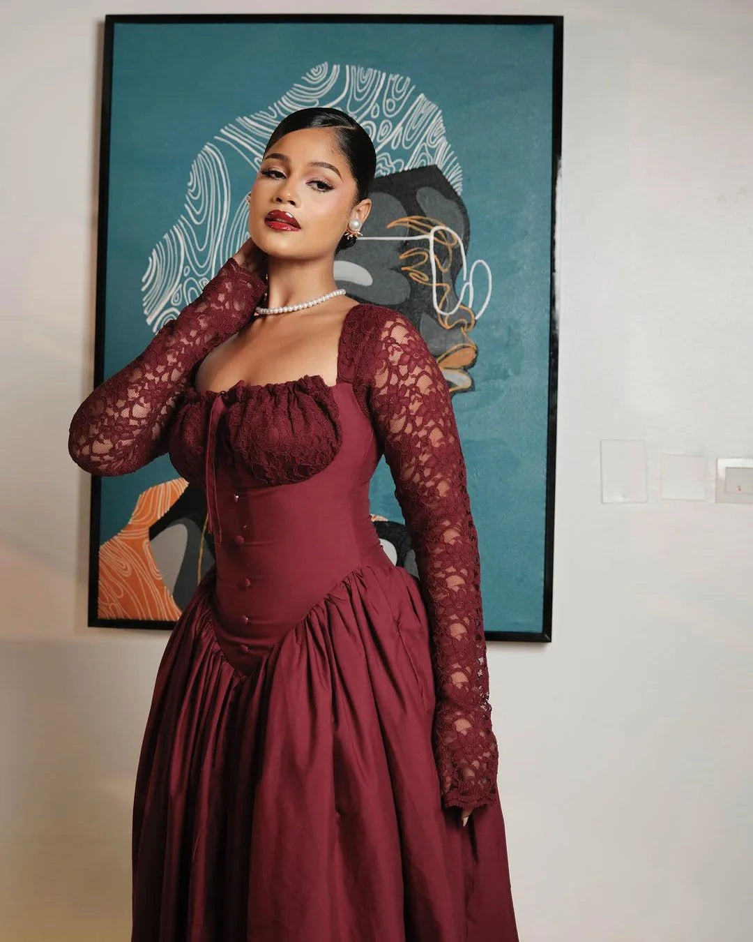 2025 Women Elegant Vintage Big Swing Lace Sleeve High Waist Dress Strapless Pleated Evening Sexy Night Party Women Prom Gowns