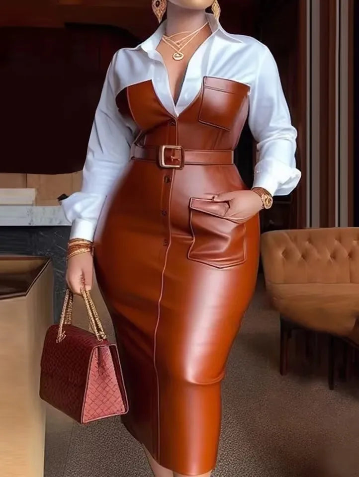 New Autumn Buttons Long Sleeve PU Leather Patchwork Pocket Skinny Belted Lapel Female Midi Dress Womens Shirt Collar Dresses