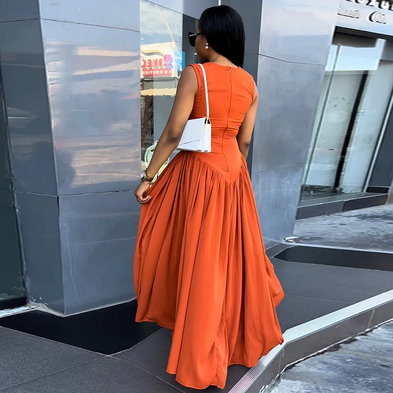 New Women's Midi Swing Dress Cute O Neck Cut Out Slim Long Sleeveless Casual Loose Solid Pattern Dress
