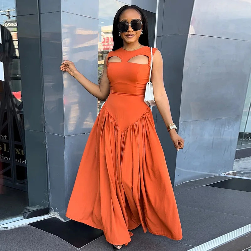 New Women's Midi Swing Dress Cute O Neck Cut Out Slim Long Sleeveless Casual Loose Solid Pattern Dress