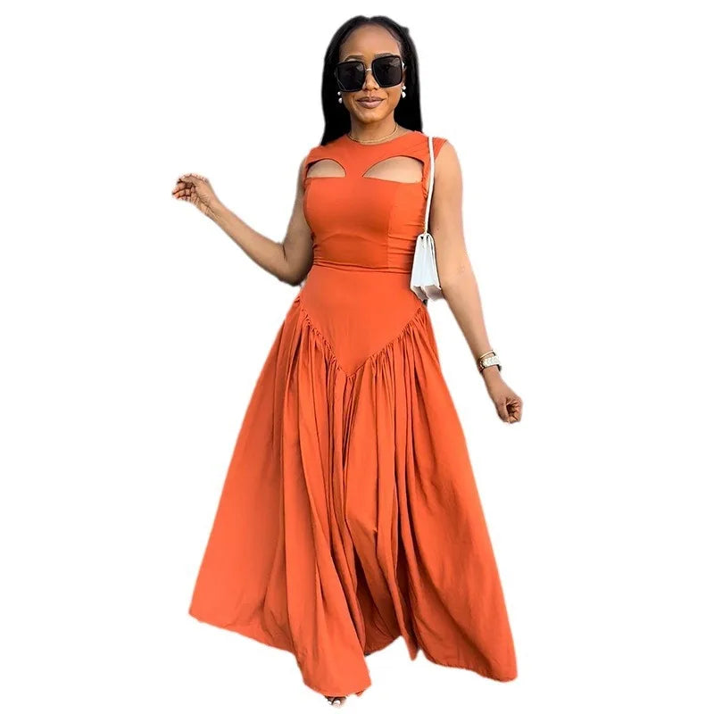 New Women's Midi Swing Dress Cute O Neck Cut Out Slim Long Sleeveless Casual Loose Solid Pattern Dress