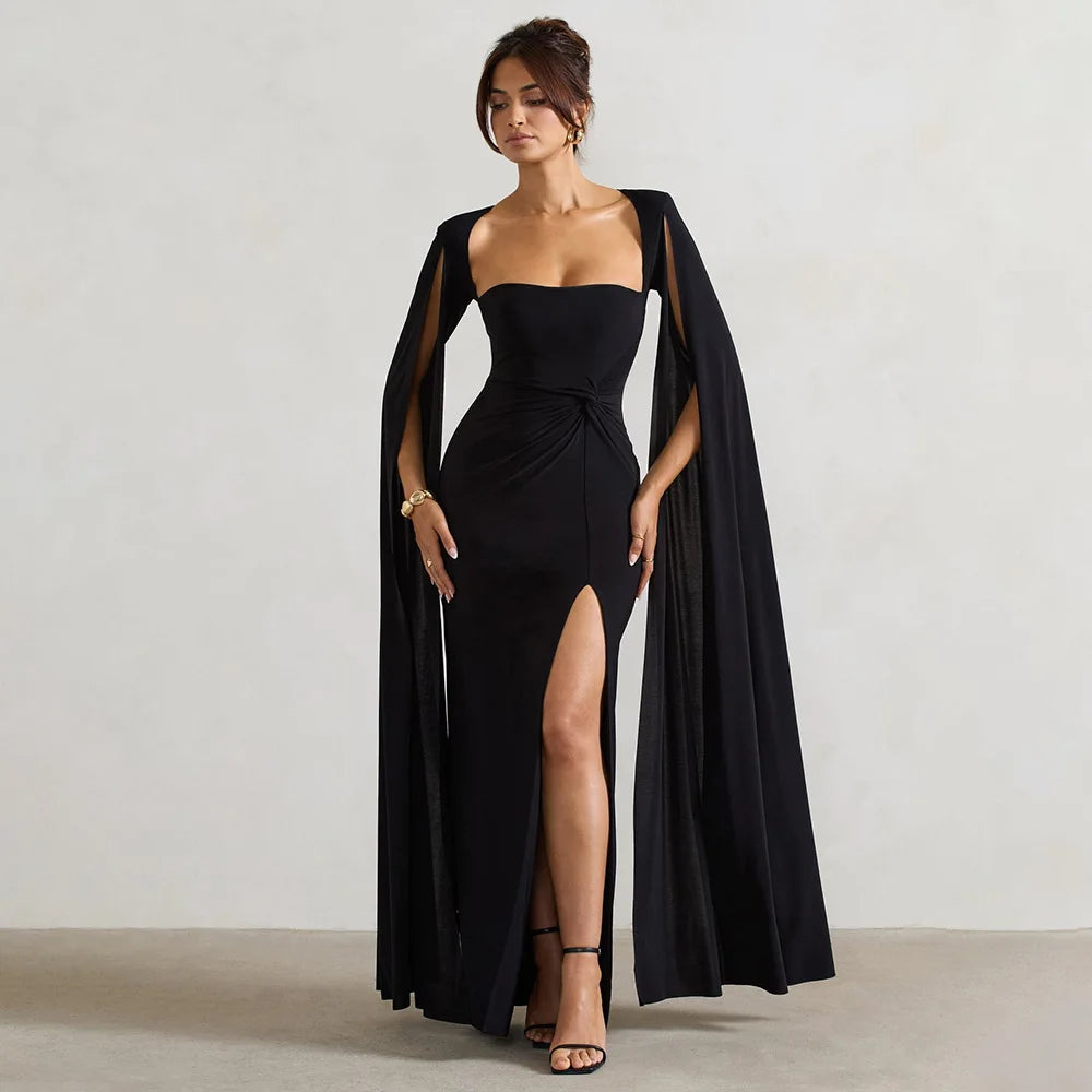 RedPeony Elegant New Women Gown Fashion Solid Square Collar Evening Sexy Long Dress Long Cape Sleeve Split Maxi Dress