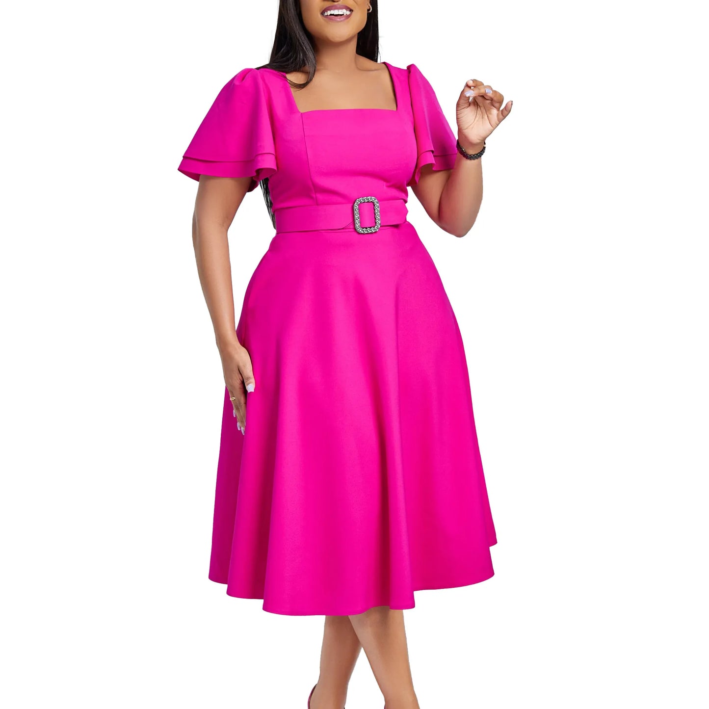 Latest Design Summer Casual Flare Sleeves Square Collar High Waist Elegant Ladies Woman Office Wester Dresses for Women Female