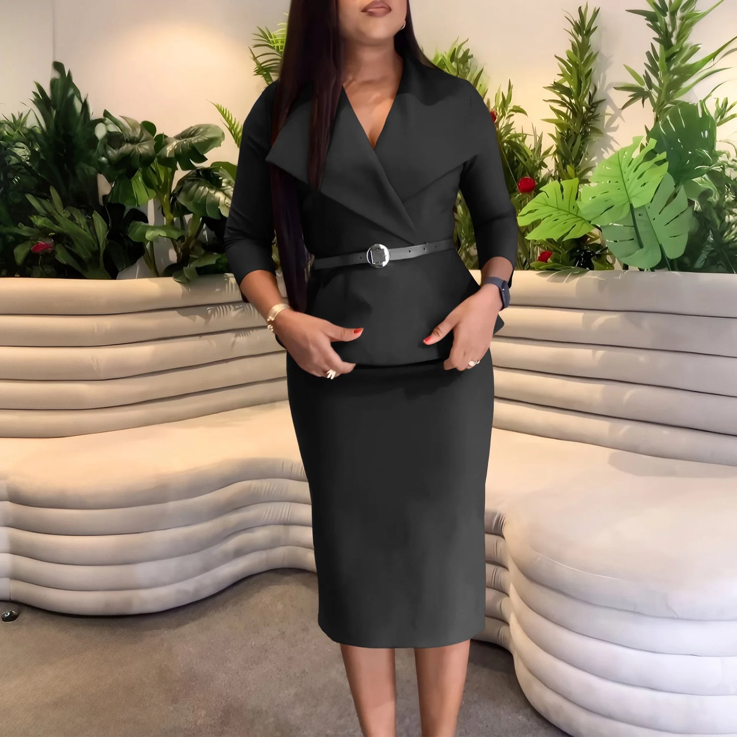 Latest Peplum Midi Elegant Solid Color Ladies Knee Length Formal Work Streetweart Cheap Modest Office Wear Women Dresses