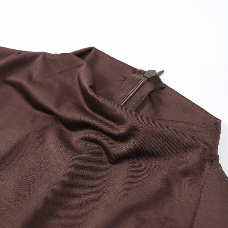 Fashion Brown Pleated Long Sleeve Dress Women Elegant O-neck Bodycon Prom Robes 2025 New Summer Lady Street Party Dresses