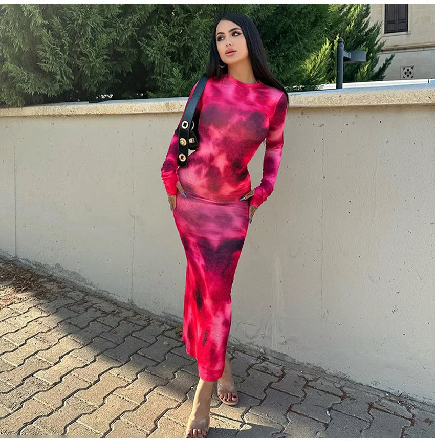 2024 Autumn Winter Tie Dye Long sleeve Dress Women's Slim Fit Long Dress Sexy Spicy Girl Wrap Hip Skirt Casual Women's Clothing