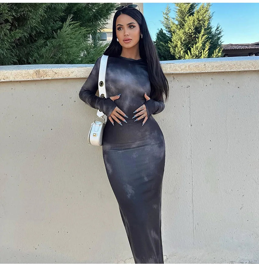 2024 Autumn Winter Tie Dye Long sleeve Dress Women's Slim Fit Long Dress Sexy Spicy Girl Wrap Hip Skirt Casual Women's Clothing