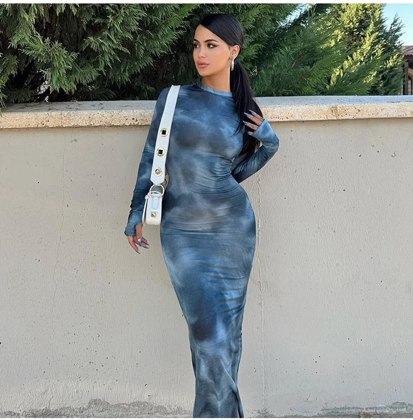 2024 Autumn Winter Tie Dye Long sleeve Dress Women's Slim Fit Long Dress Sexy Spicy Girl Wrap Hip Skirt Casual Women's Clothing