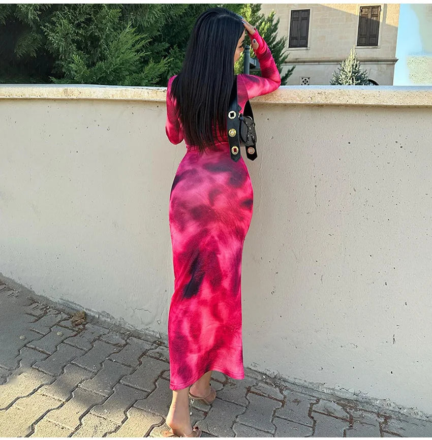 2024 Autumn Winter Tie Dye Long sleeve Dress Women's Slim Fit Long Dress Sexy Spicy Girl Wrap Hip Skirt Casual Women's Clothing