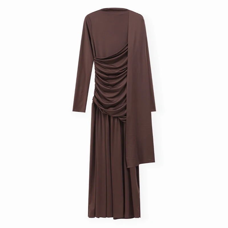 Fashion Brown Pleated Long Sleeve Dress Women Elegant O-neck Bodycon Prom Robes 2025 New Summer Lady Street Party Dresses