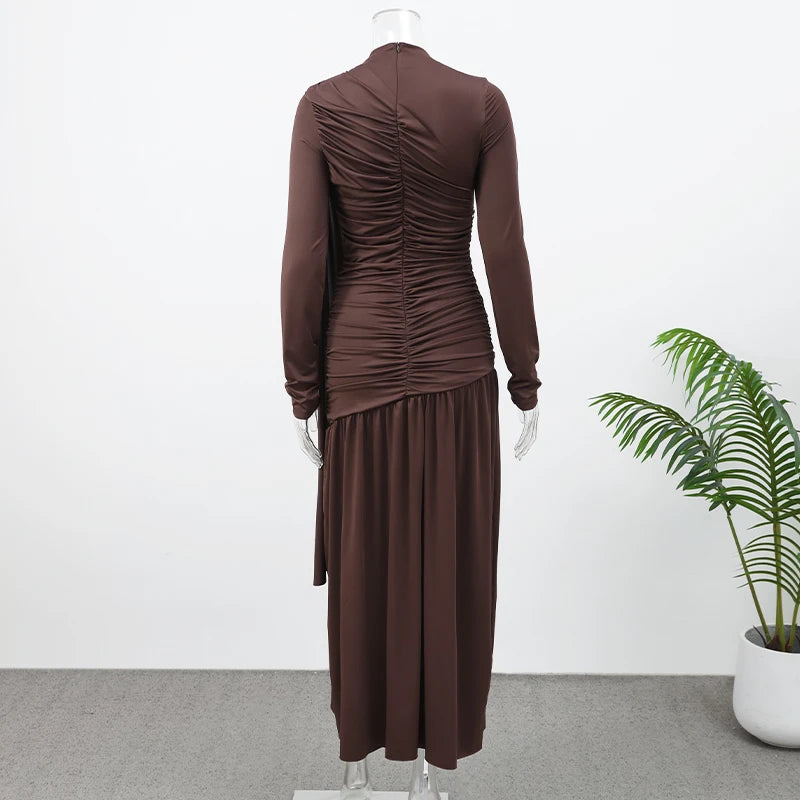 Fashion Brown Pleated Long Sleeve Dress Women Elegant O-neck Bodycon Prom Robes 2025 New Summer Lady Street Party Dresses