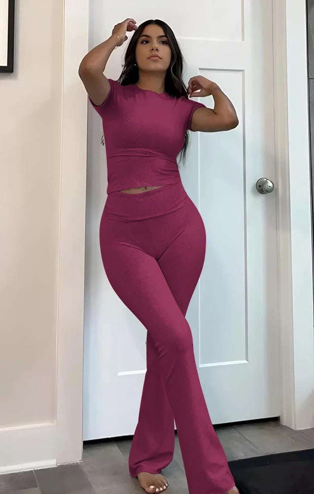 Casual Workout Two Piece Outfits for Women Short Sleeve Crop High Waist Foldover Flare Pants Tracksuit Sets Streetwear