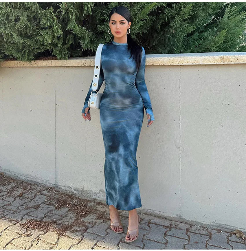 2024 Autumn Winter Tie Dye Long sleeve Dress Women's Slim Fit Long Dress Sexy Spicy Girl Wrap Hip Skirt Casual Women's Clothing