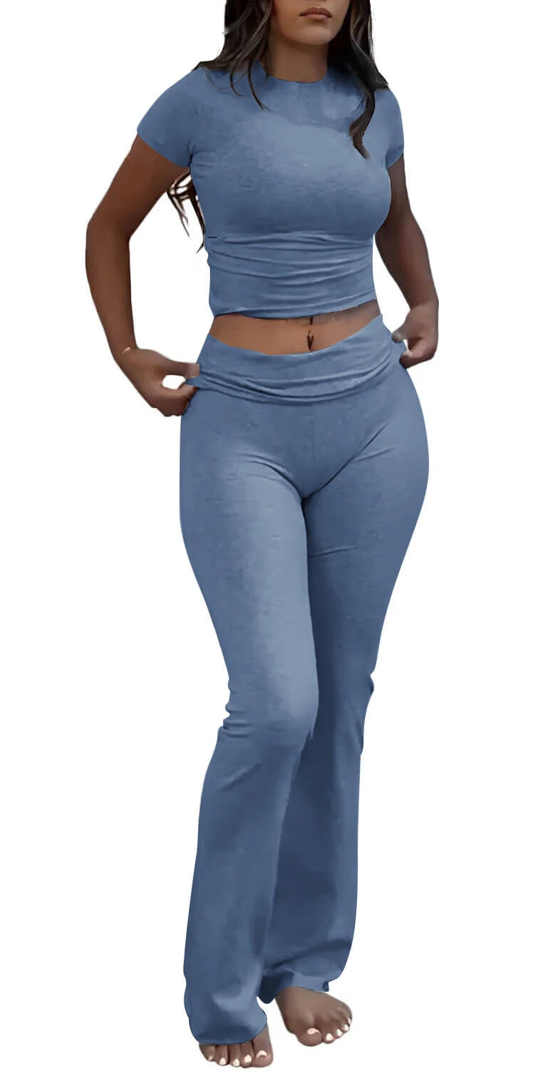 Casual Workout Two Piece Outfits for Women Short Sleeve Crop High Waist Foldover Flare Pants Tracksuit Sets Streetwear