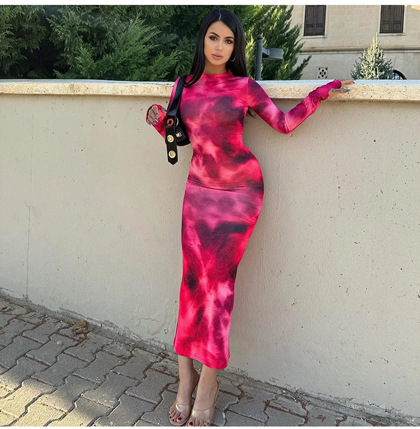 2024 Autumn Winter Tie Dye Long sleeve Dress Women's Slim Fit Long Dress Sexy Spicy Girl Wrap Hip Skirt Casual Women's Clothing