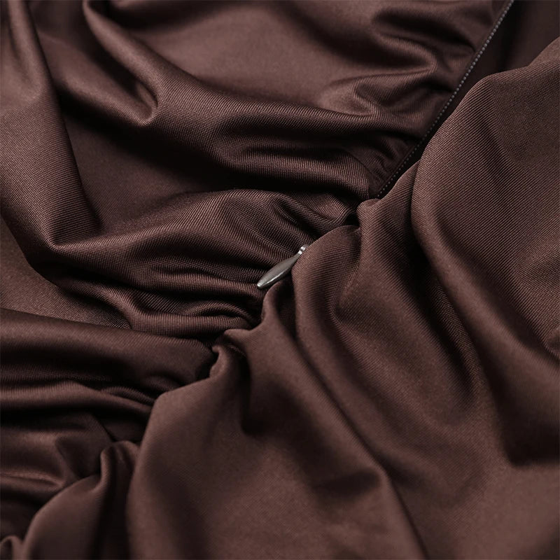 Fashion Brown Pleated Long Sleeve Dress Women Elegant O-neck Bodycon Prom Robes 2025 New Summer Lady Street Party Dresses