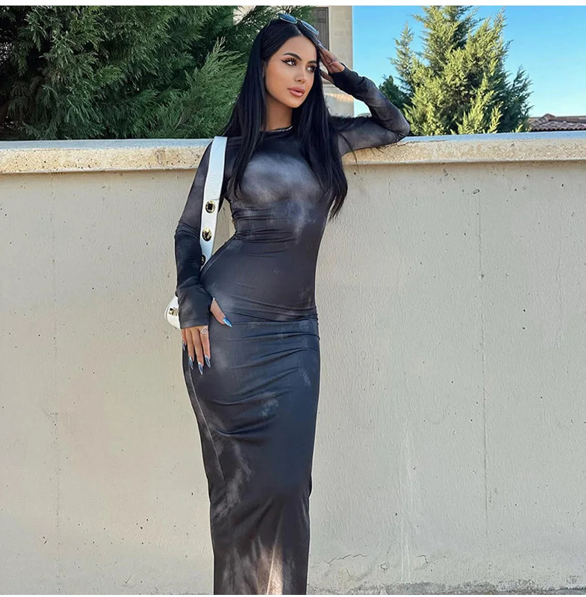 2024 Autumn Winter Tie Dye Long sleeve Dress Women's Slim Fit Long Dress Sexy Spicy Girl Wrap Hip Skirt Casual Women's Clothing