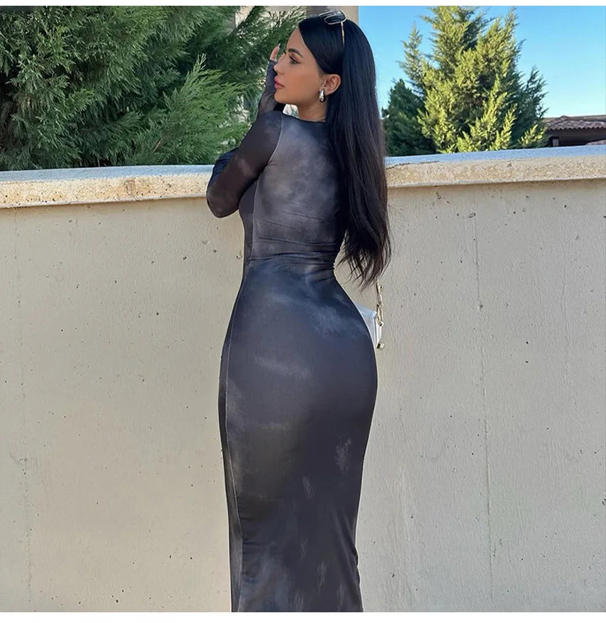 2024 Autumn Winter Tie Dye Long sleeve Dress Women's Slim Fit Long Dress Sexy Spicy Girl Wrap Hip Skirt Casual Women's Clothing