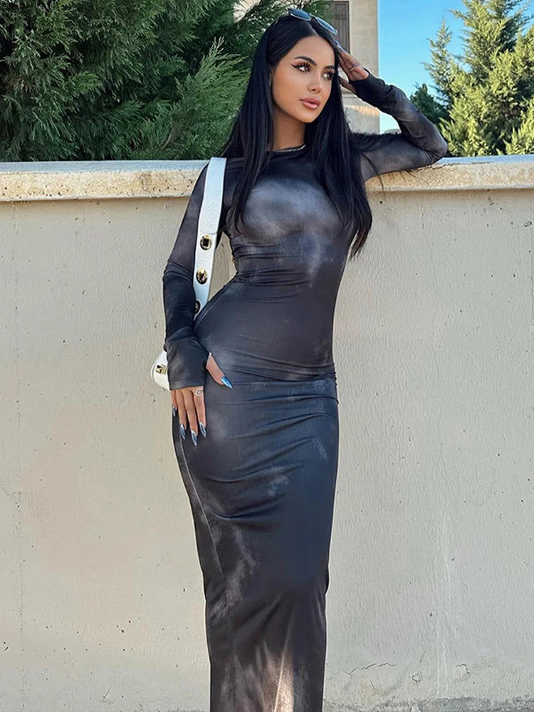 2024 Autumn Winter Tie Dye Long sleeve Dress Women's Slim Fit Long Dress Sexy Spicy Girl Wrap Hip Skirt Casual Women's Clothing