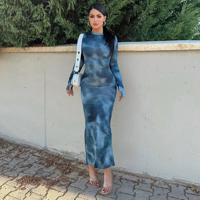 2024 Autumn Winter Tie Dye Long sleeve Dress Women's Slim Fit Long Dress Sexy Spicy Girl Wrap Hip Skirt Casual Women's Clothing