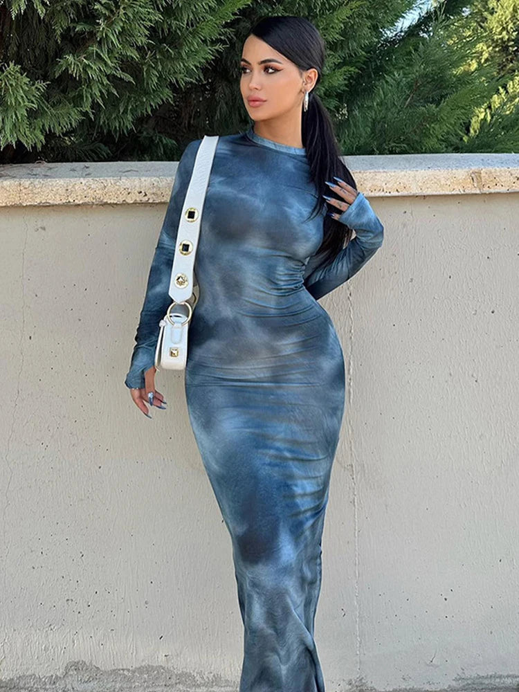 2024 Autumn Winter Tie Dye Long sleeve Dress Women's Slim Fit Long Dress Sexy Spicy Girl Wrap Hip Skirt Casual Women's Clothing