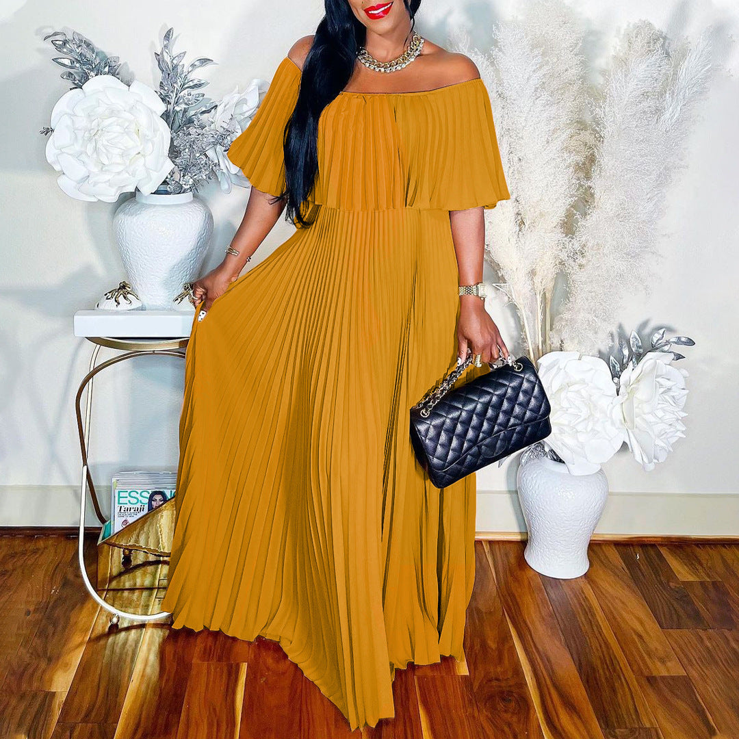 Off Shoulder Wide Waist Pleated Dress