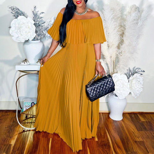 Off Shoulder Wide Waist Pleated Dress