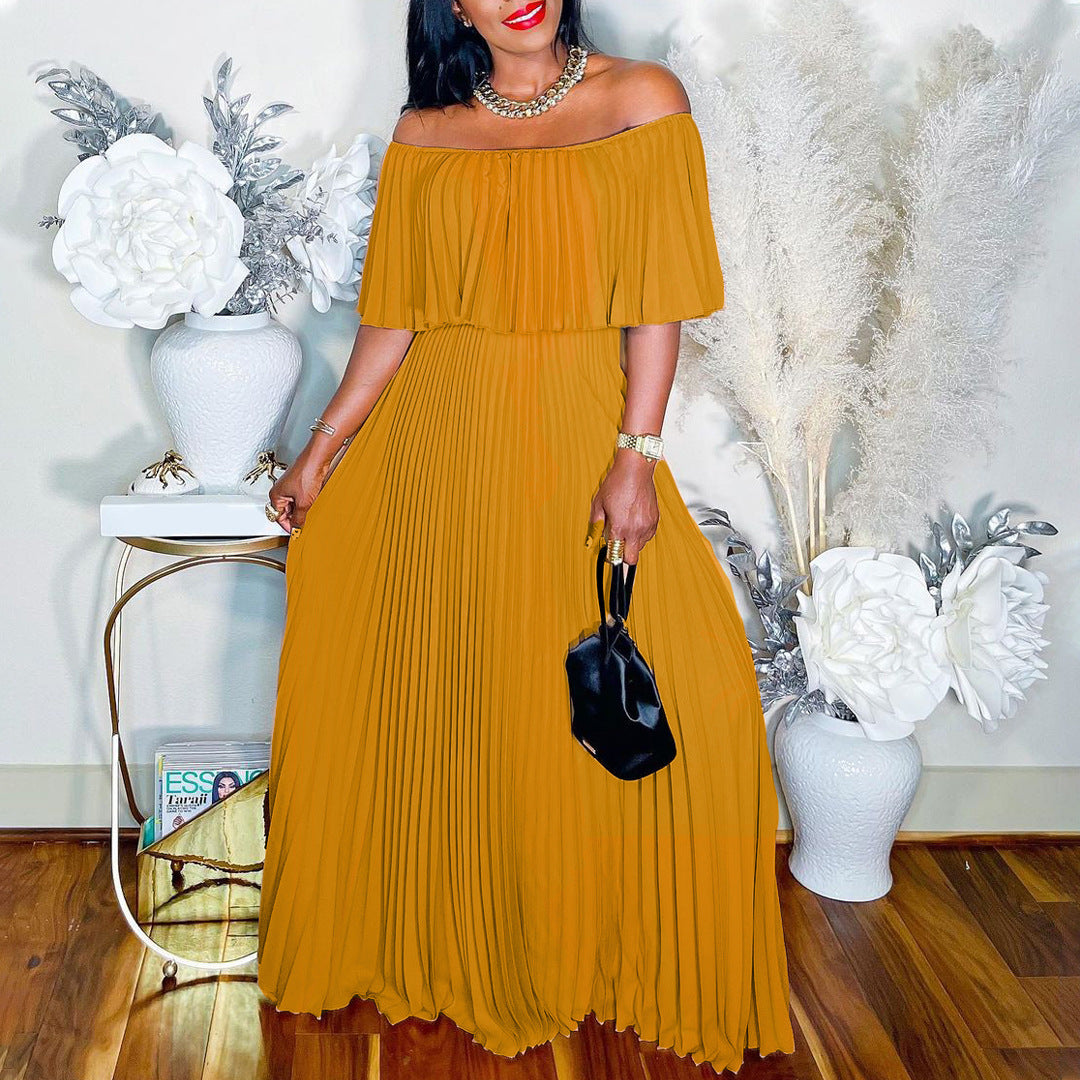 Off Shoulder Wide Waist Pleated Dress