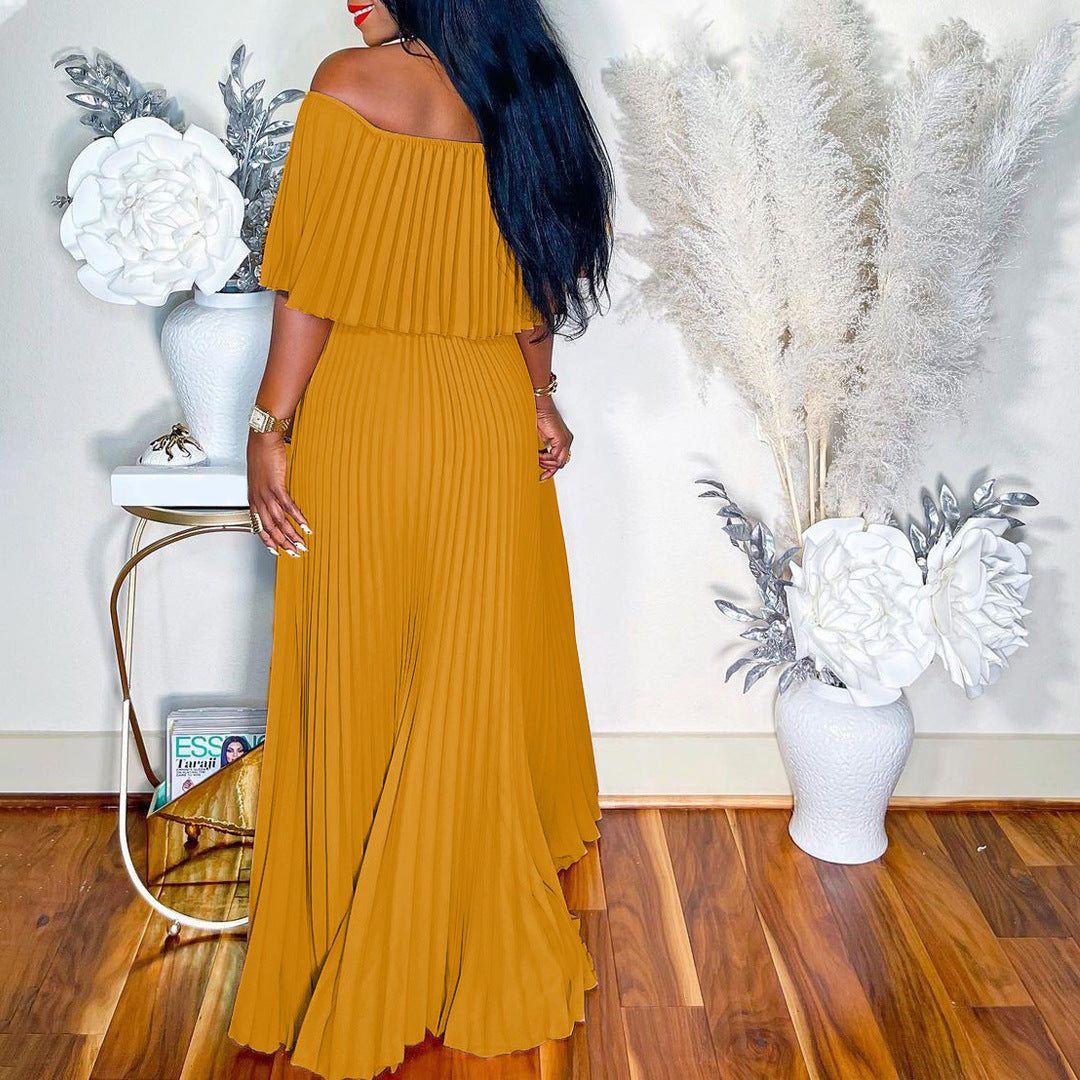 Off Shoulder Wide Waist Pleated Dress