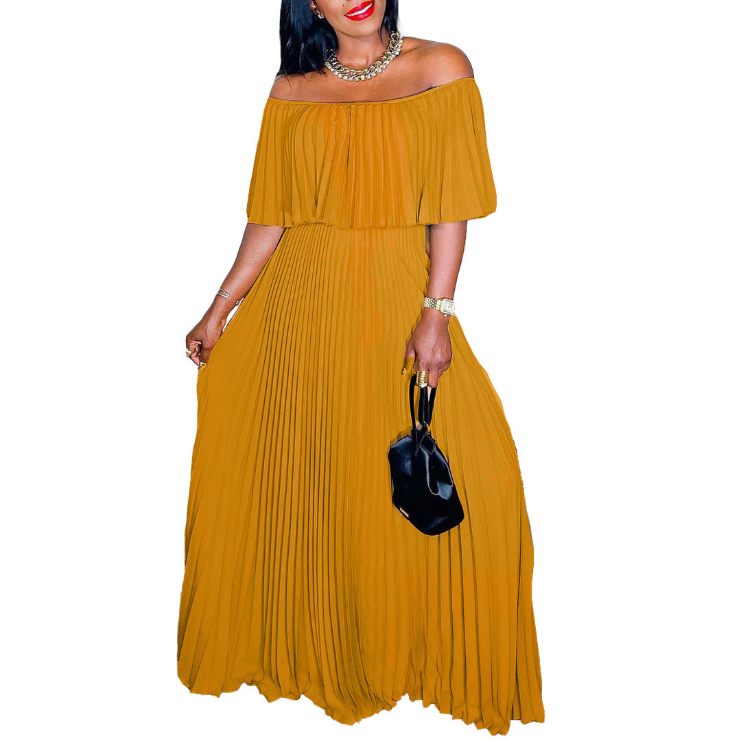 Off Shoulder Wide Waist Pleated Dress