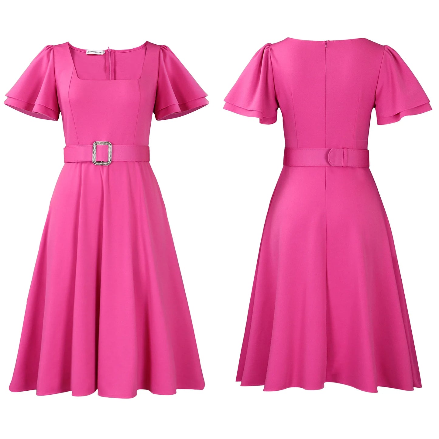Latest Design Summer Casual Flare Sleeves Square Collar High Waist Elegant Ladies Woman Office Wester Dresses for Women Female