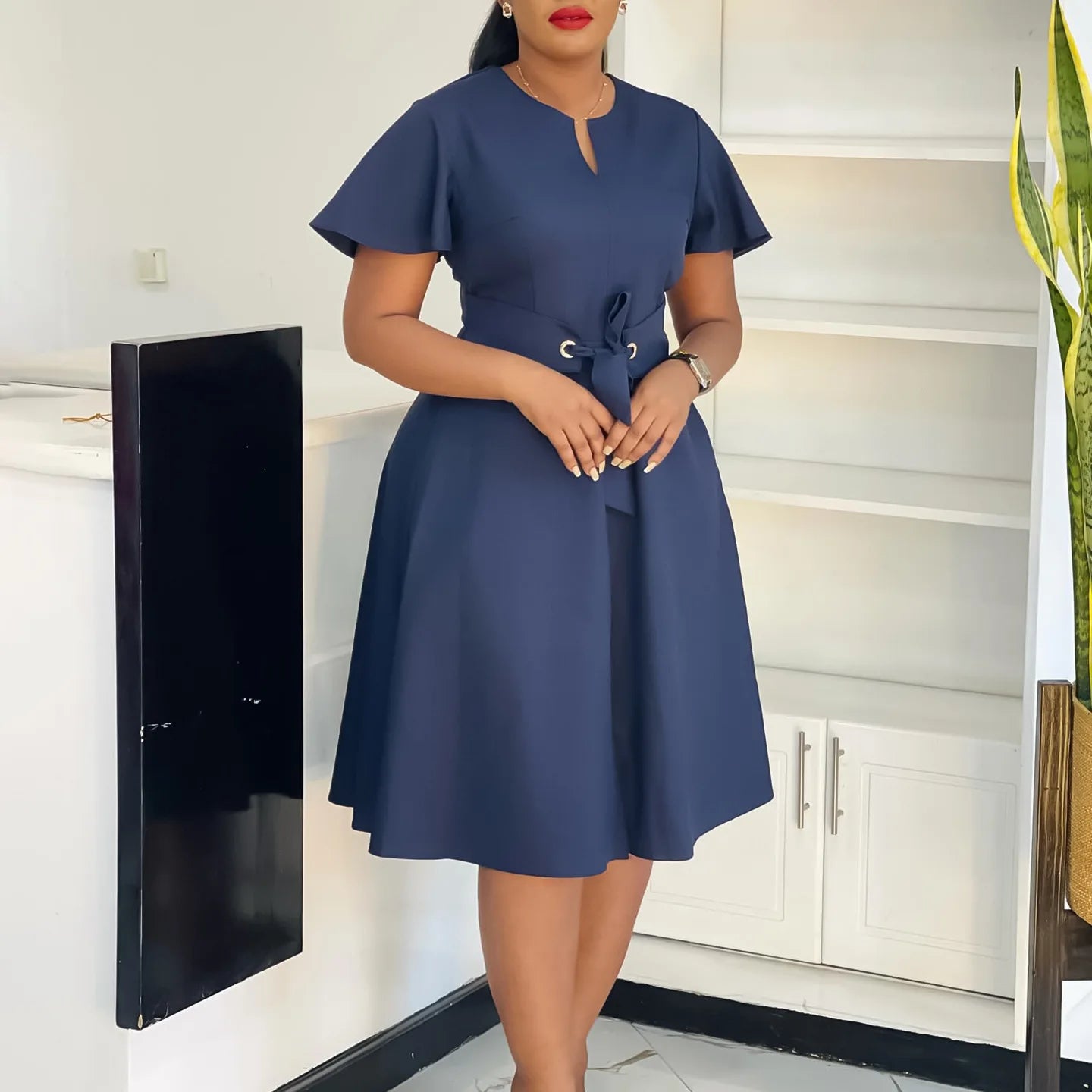 Short Ruffle Sleeve High Waist Swing African Belt v Neckline Trendy Office Ladies Career Dresses for Women Clothing