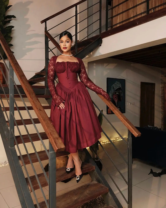 2025 Women Elegant Vintage Big Swing Lace Sleeve High Waist Dress Strapless Pleated Evening Sexy Night Party Women Prom Gowns