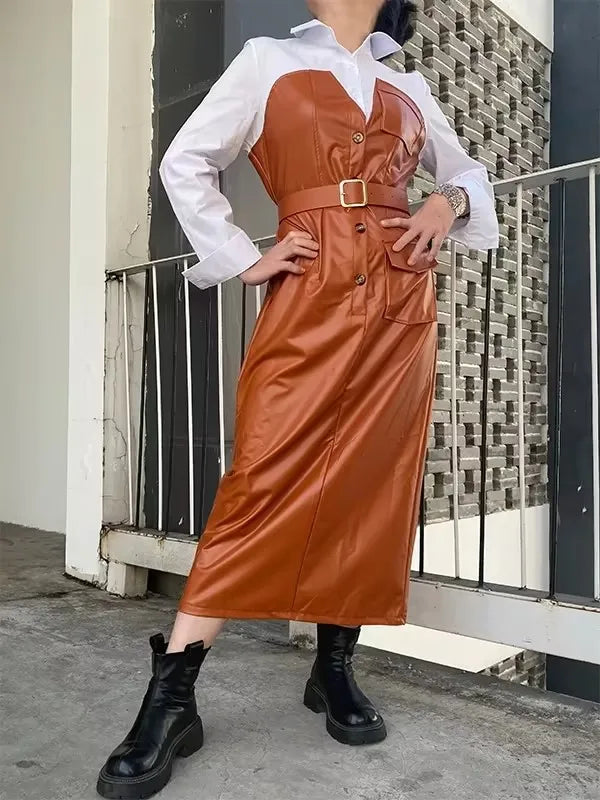 New Autumn Buttons Long Sleeve PU Leather Patchwork Pocket Skinny Belted Lapel Female Midi Dress Womens Shirt Collar Dresses