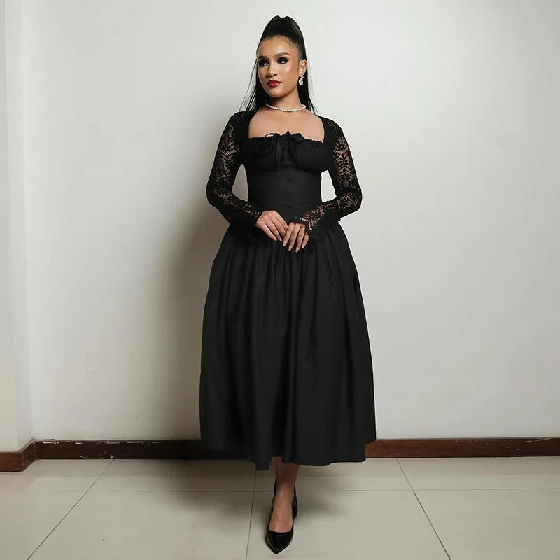 2025 Women Elegant Vintage Big Swing Lace Sleeve High Waist Dress Strapless Pleated Evening Sexy Night Party Women Prom Gowns