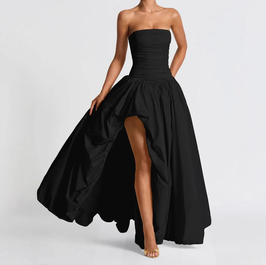Women Sexy Sleeveless Backless Slim Long Dress Elegant Strapless High Split Banquet Dress Fashion Waist Draped Solid Party Dress