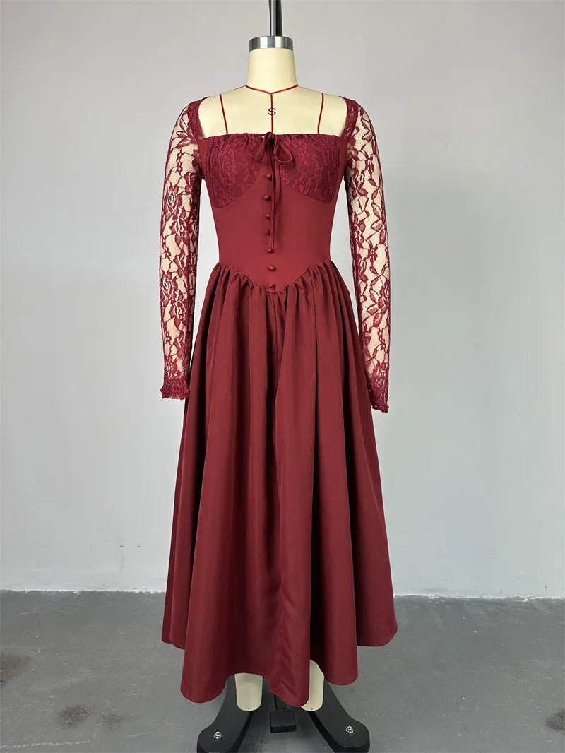 2025 Women Elegant Vintage Big Swing Lace Sleeve High Waist Dress Strapless Pleated Evening Sexy Night Party Women Prom Gowns