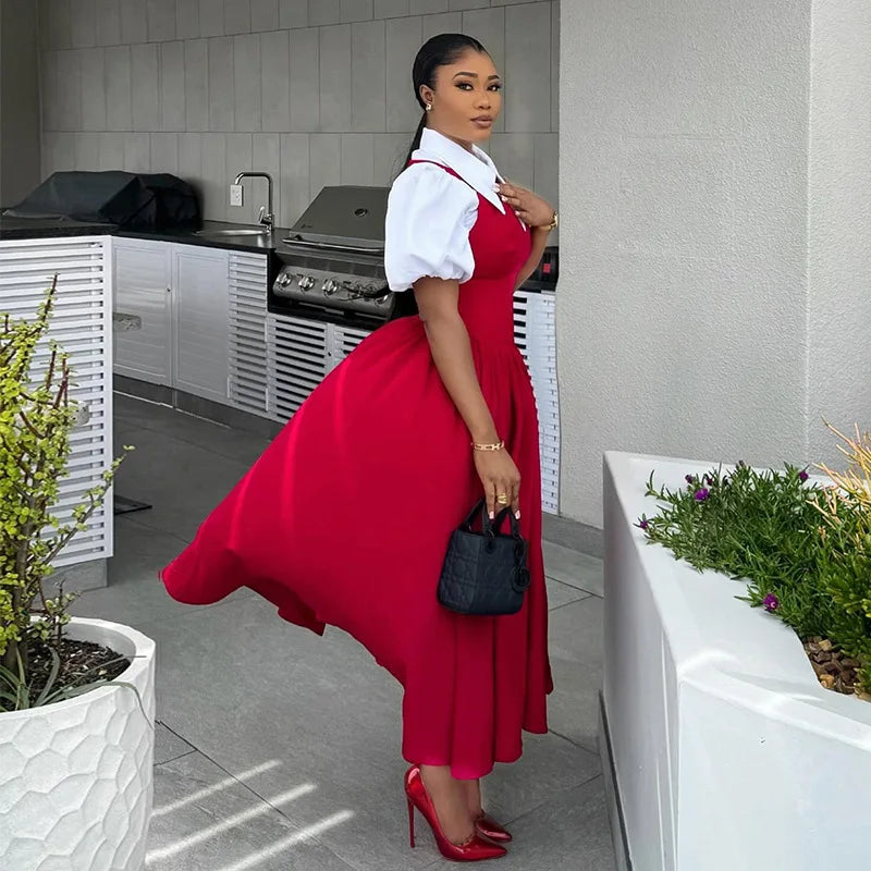 Spring Short Puff Sleeve Solid Color Oversized Lapel Collar High Waist Slim A- Line  Two Pieces Women's Shirt Dress