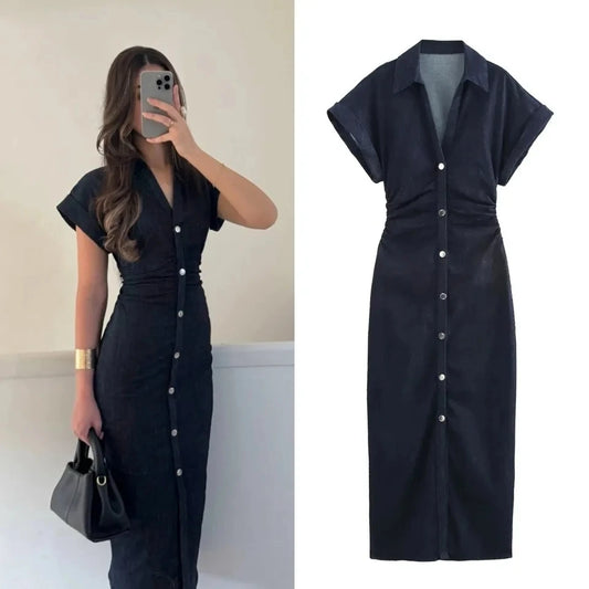 Fashion Wrinkle Waist Slim Elegant Dress 2025 Traf Spring New 1975 Series Denim MIDI Dress