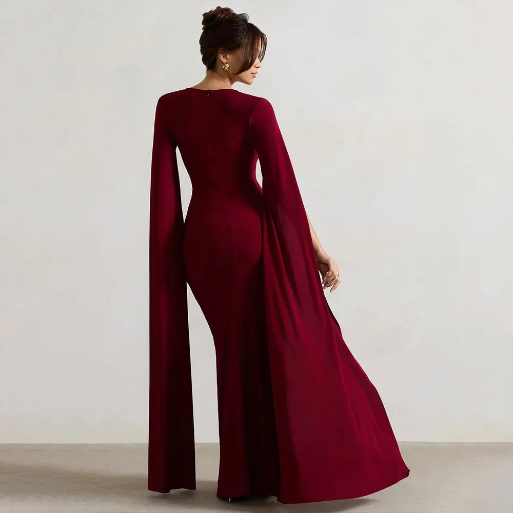 RedPeony Elegant New Women Gown Fashion Solid Square Collar Evening Sexy Long Dress Long Cape Sleeve Split Maxi Dress