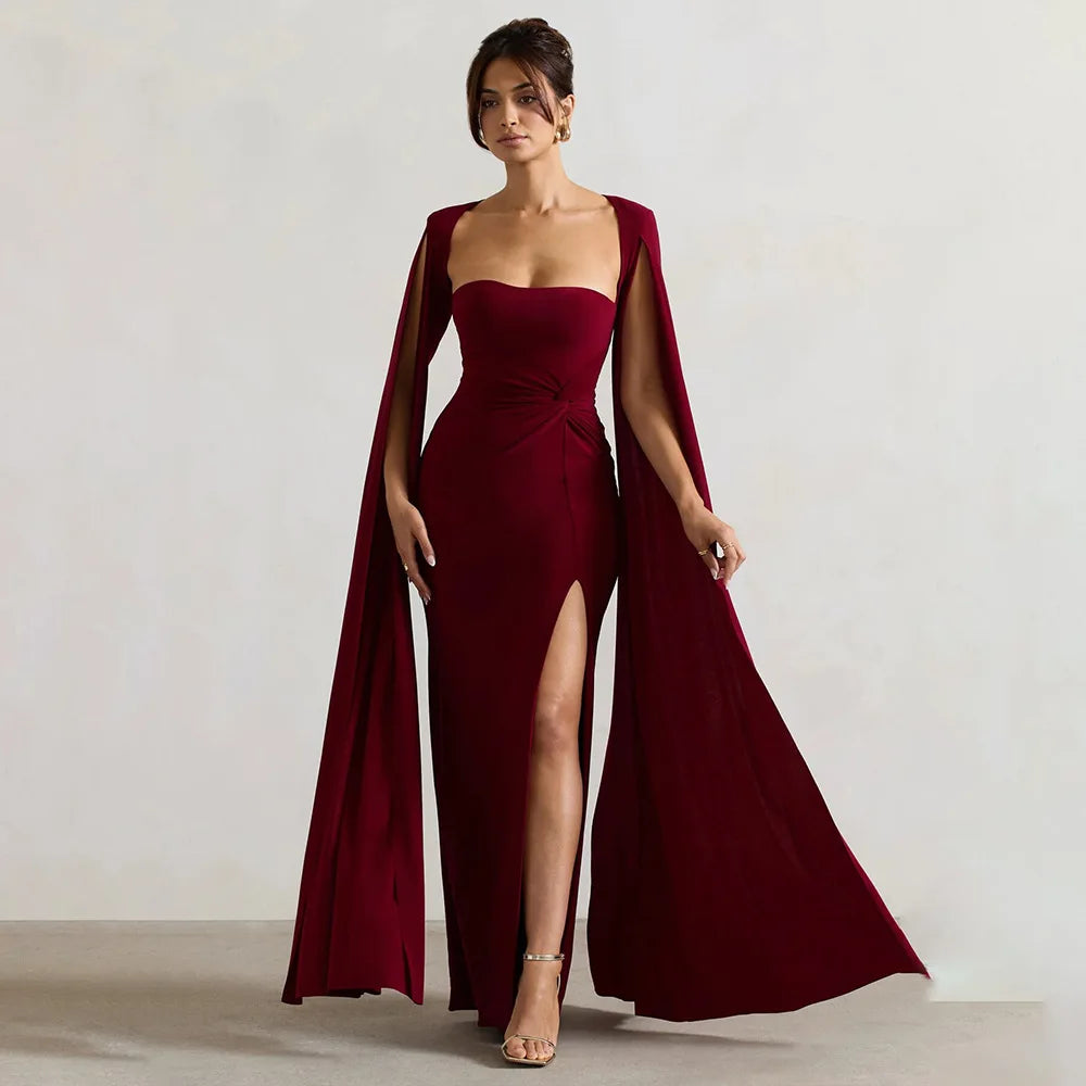 RedPeony Elegant New Women Gown Fashion Solid Square Collar Evening Sexy Long Dress Long Cape Sleeve Split Maxi Dress