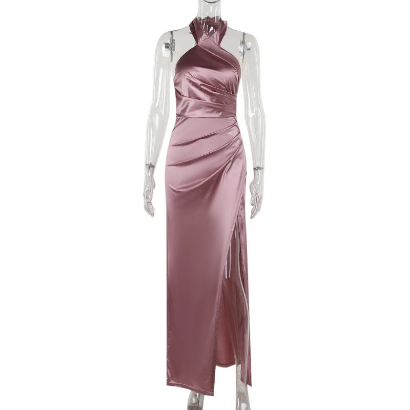 RedPeony  Women Summer Sexy Elegant Sleeveless Backless Halter Lace up Draped Side High Split Evening  Party Women Maxi Dress