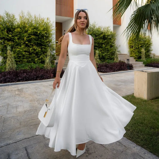 RedPeony 2025 Vocation Beach Party Streetwear Fashion Square Neck Sleeveless A-line Dress Elegant White High Waist Women's Dress