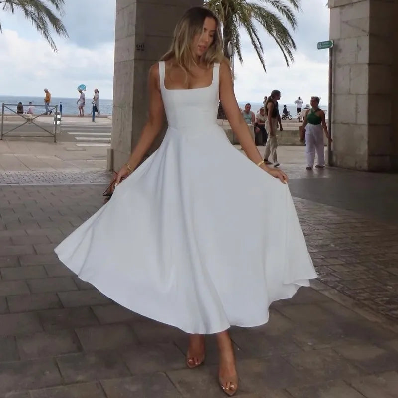 RedPeony 2025 Vocation Beach Party Streetwear Fashion Square Neck Sleeveless A-line Dress Elegant White High Waist Women's Dress