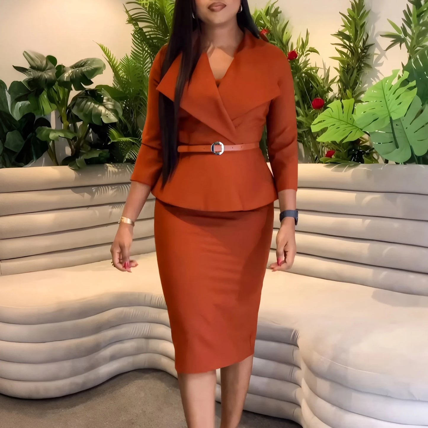 Latest Peplum Midi Elegant Solid Color Ladies Knee Length Formal Work Streetweart Cheap Modest Office Wear Women Dresses