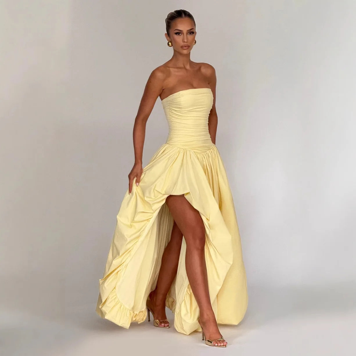 Women Sexy Sleeveless Backless Slim Long Dress Elegant Strapless High Split Banquet Dress Fashion Waist Draped Solid Party Dress