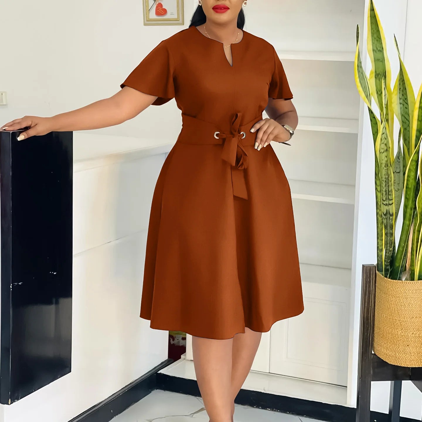 Short Ruffle Sleeve High Waist Swing African Belt v Neckline Trendy Office Ladies Career Dresses for Women Clothing