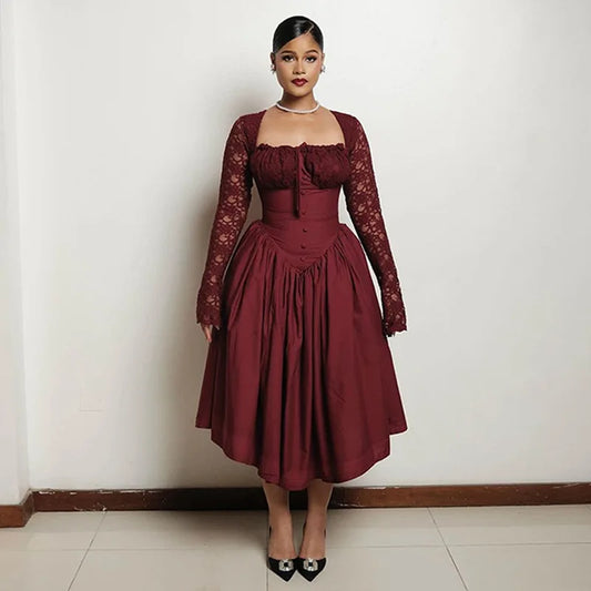 2025 Women Elegant Vintage Big Swing Lace Sleeve High Waist Dress Strapless Pleated Evening Sexy Night Party Women Prom Gowns