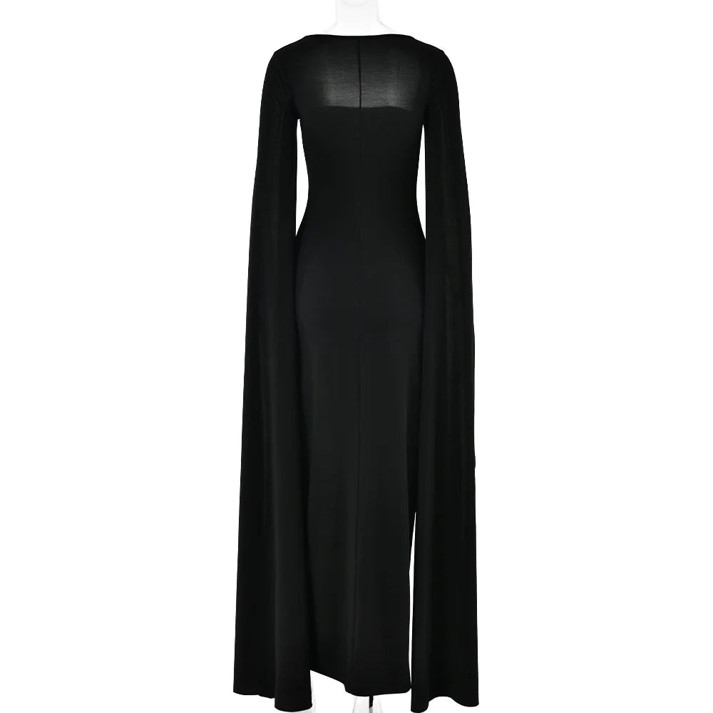 RedPeony Elegant New Women Gown Fashion Solid Square Collar Evening Sexy Long Dress Long Cape Sleeve Split Maxi Dress