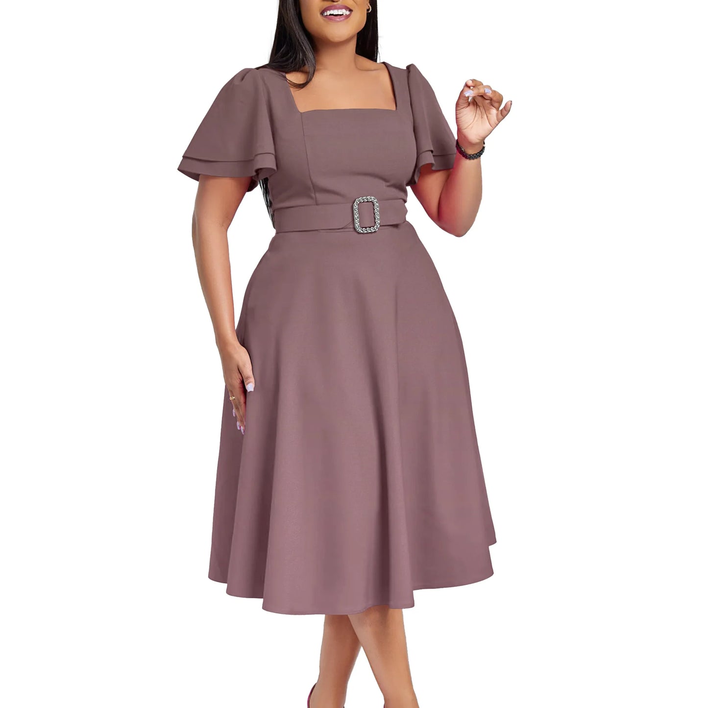 Latest Design Summer Casual Flare Sleeves Square Collar High Waist Elegant Ladies Woman Office Wester Dresses for Women Female